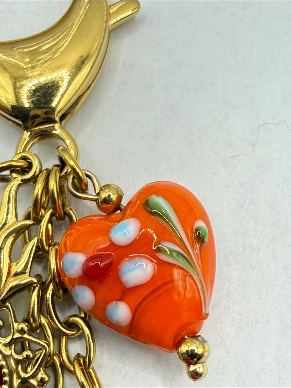 Queen of hearts Gold Tone Heart Charm Keychain  bag charm Red Orange glass Beads